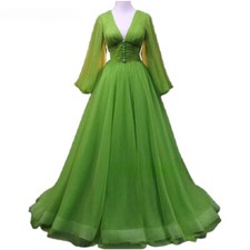 Elegant Green Evening Dress Pleats Tulle A-Line Full Sleeves V-neck Buttons