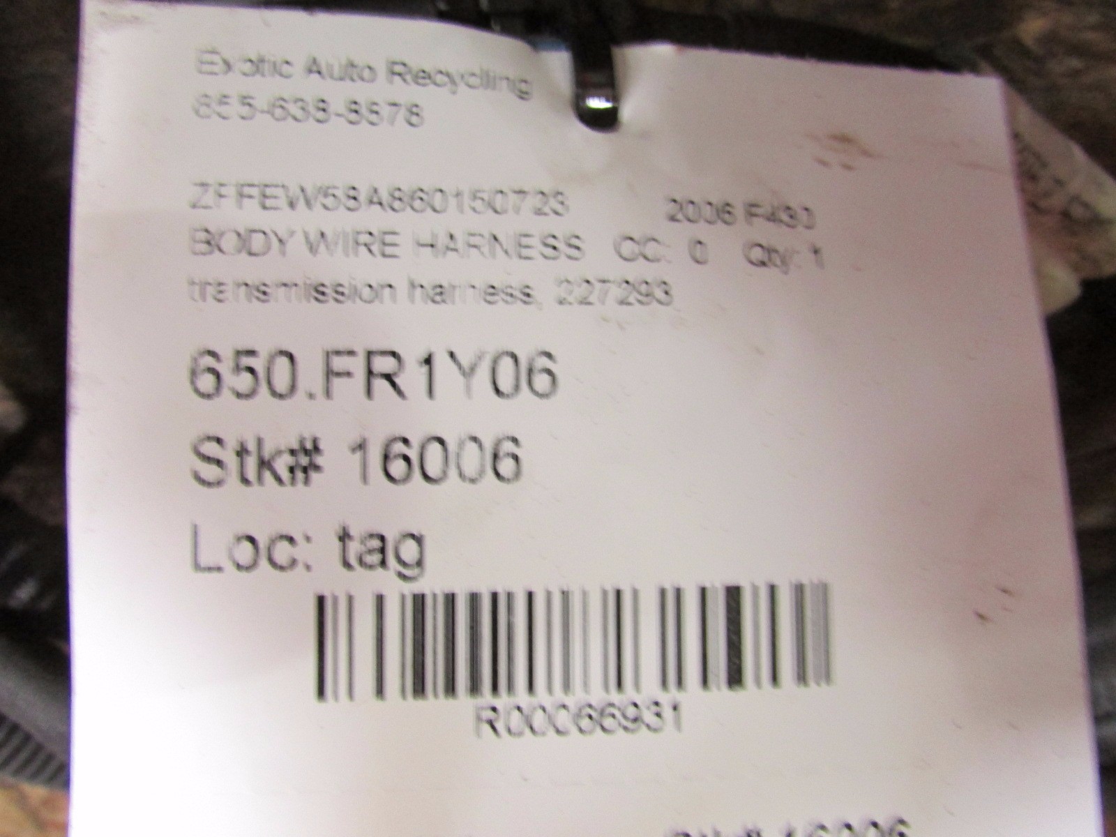 Ferrari F430, Spider, Transmission Wire Harness, Used, P/N 227293