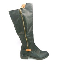 Womans Knee High Fashion Boots Black Faux Leather Side Zip Decorative Studs NEW