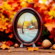 Rustic Barn Snow Landscape Oil Painting On Wood Miniature Oval Primitive Art