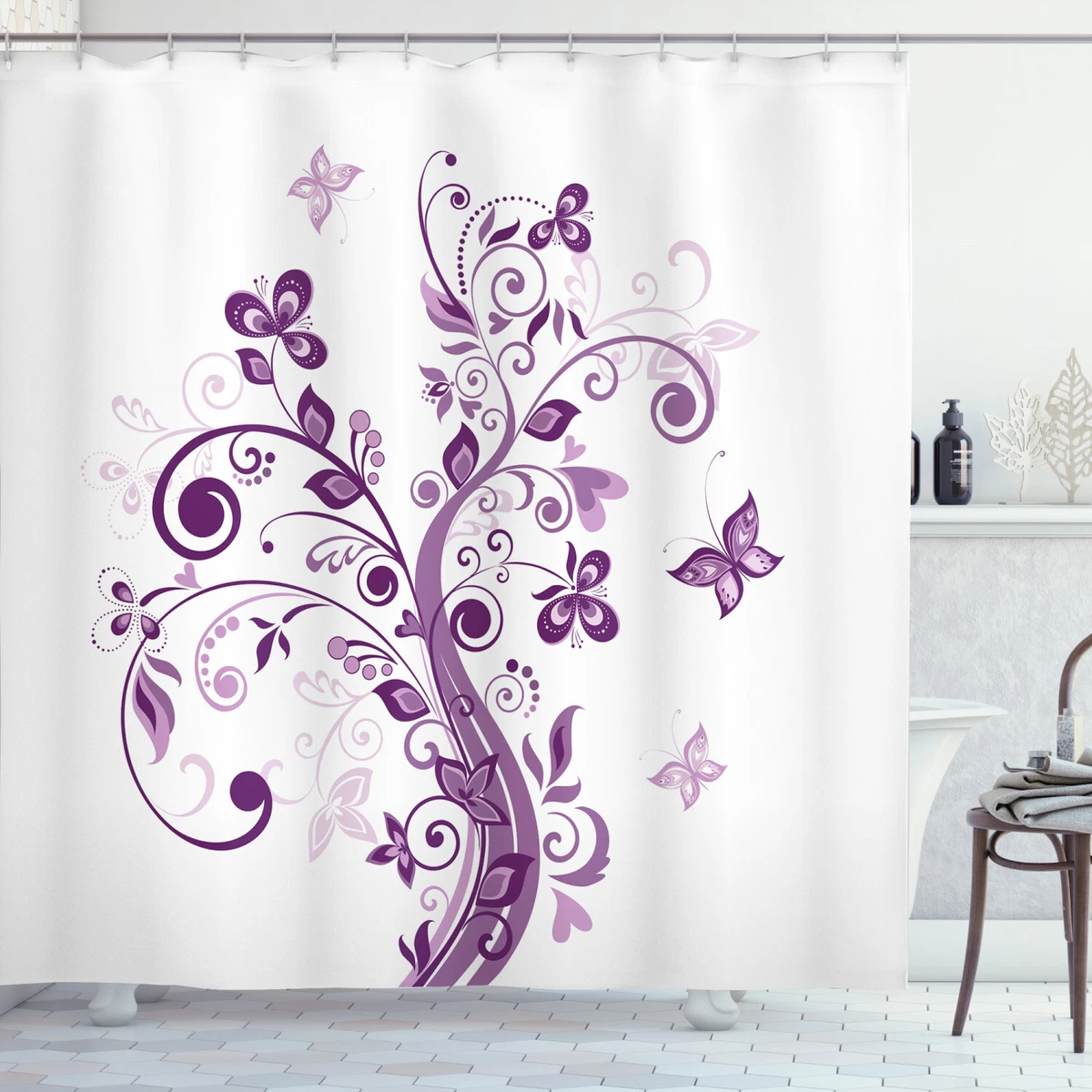 Mauve Shower Curtain Flowers Leaf Butterlies Print for Bathroom eBay
