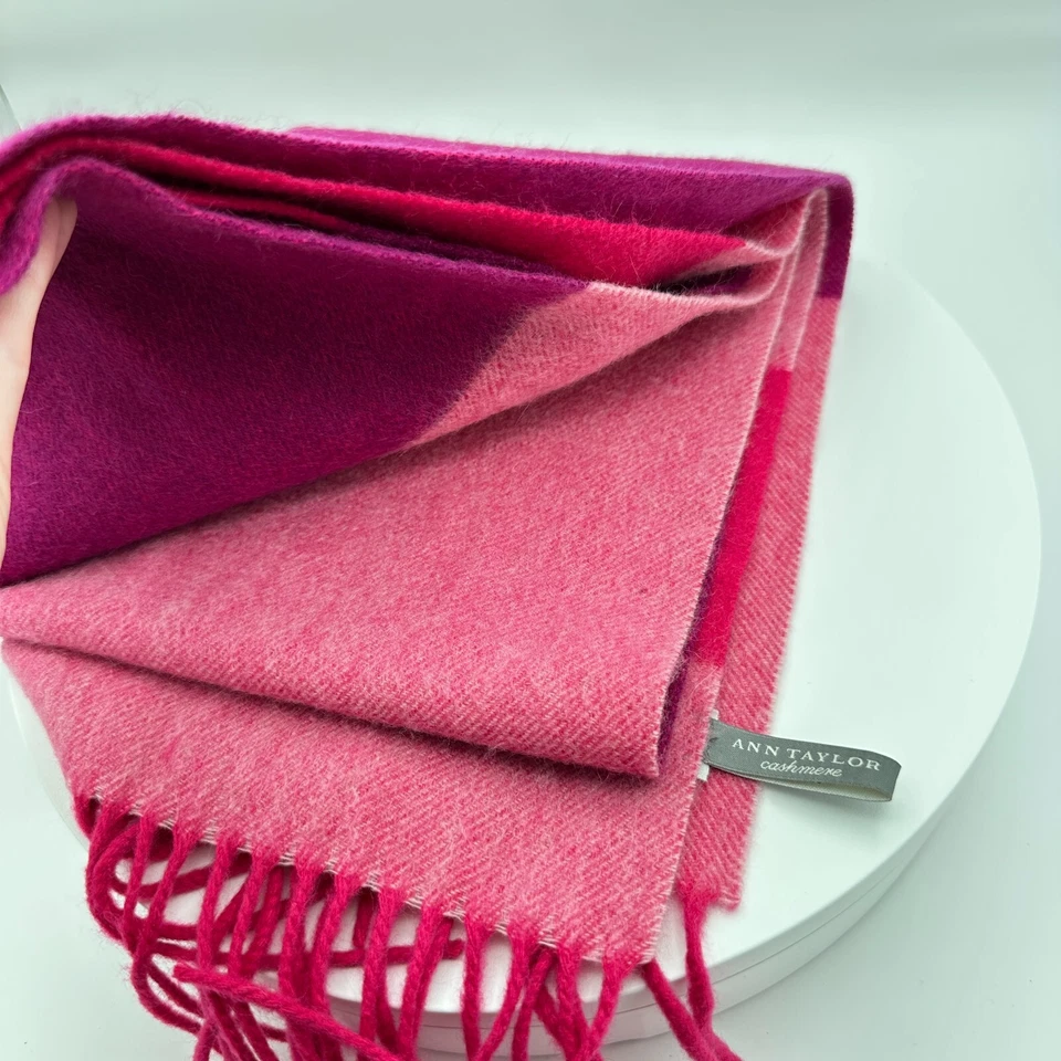 Ann Taylor Cashmere Scarf Long Pink Ombre Color Block Stripe Fringe Quiet Luxury - Image 2 of 4