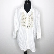 Antica Sartoria white striped beaded embellished button down tunic top size XL