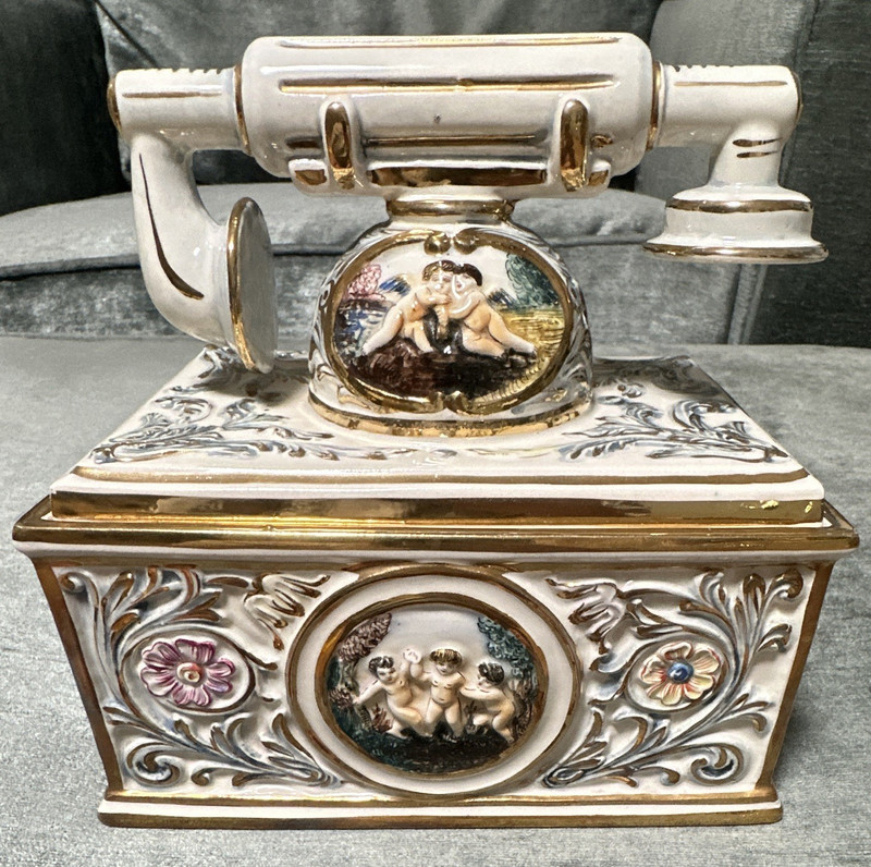 Italian Vintage Ceramic Telephone Trinket Box with Cherub Design Mint Condition