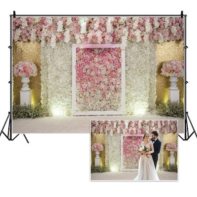 8x6ft Pink Flowers Wedding Backdrop White Floral Golden Glitter Sequin Elegan...