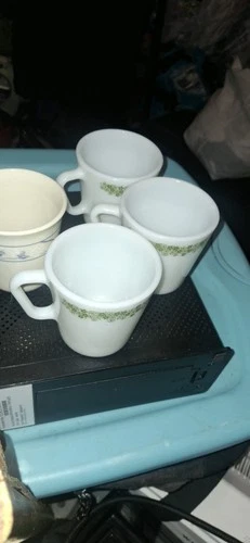 Lot 3 Vintage Pyrex #1410 Crazy Daisy Green Floral Milk Glass Coffee Cups