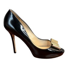 Kate Spade NY Patent Leather Peep Toe Heels Pumps Size 9B Black Shoes Gold Bow