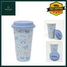 Vintage Butterfly Insulated Ceramic Travel Mug Double Wall 400ml Duck Egg Blu...