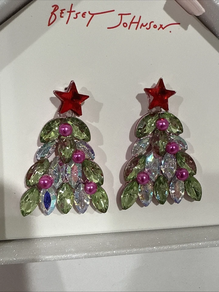 Betsey Johnson Holiday Whimsy Tono Oro Rosa Árbol de Navidad Pendientes Caja de Perlas Foto 3 de 4