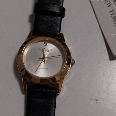 Madison New York Damen Armbanduhr Quarz Edelstahl gold Lederband schwarz