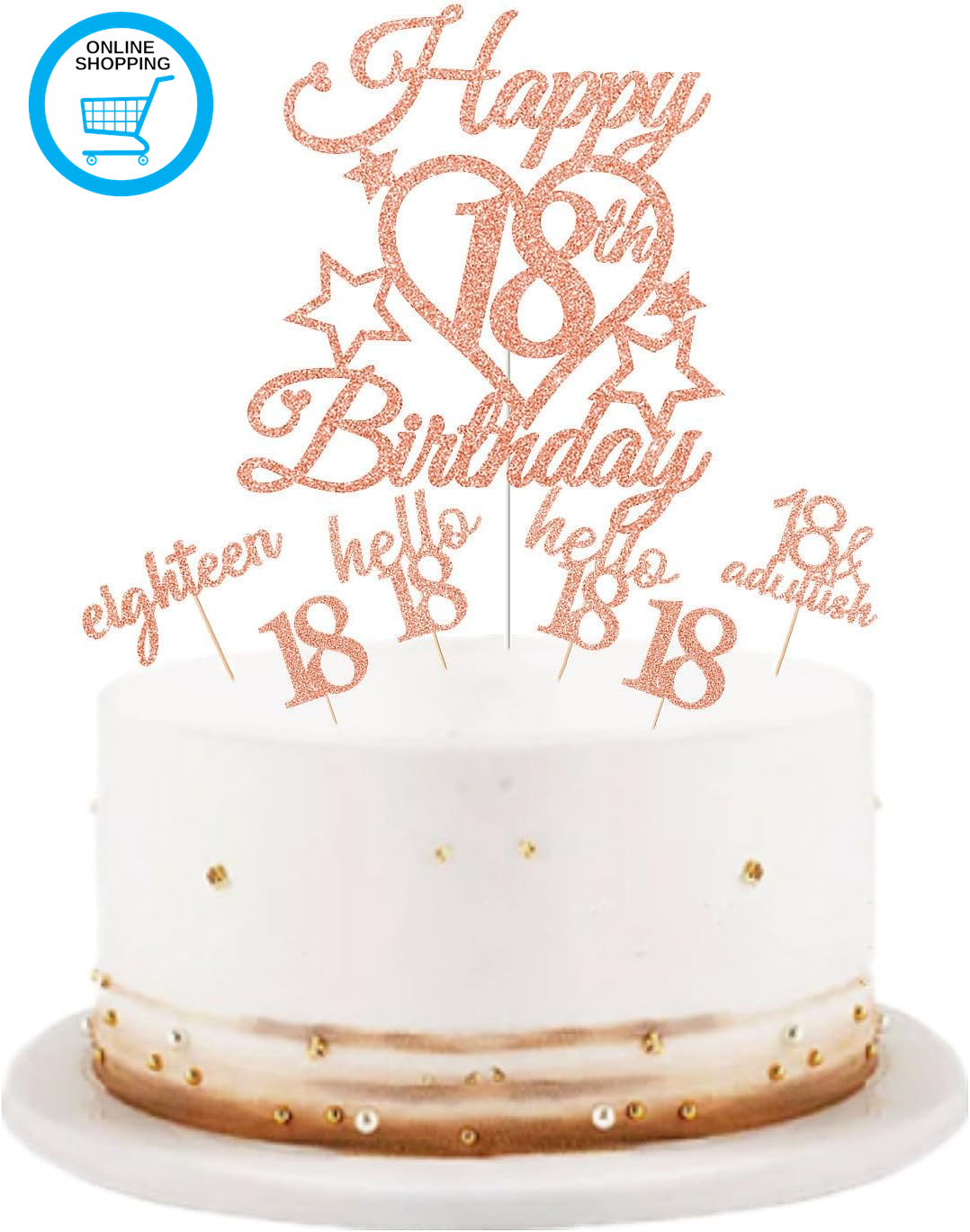 18Th Birthday Cake Topper,Rose Gold Glittery Happy 18Th Birthday Cake Cupcake To