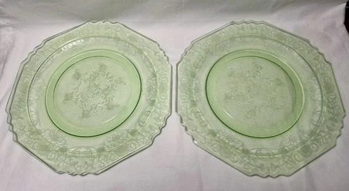 Pair of 9.75” Uranium Glass Dinner Plates - Anchor Hocking Princess Pattern