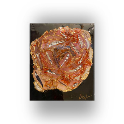 Painting Pink peony, texture paste, gold leaf, mirrors, artificial pear 30*24