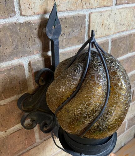 Pair Vintage Wall Light Sconces Iron Spanish Gothic Caged Glass Amber Crackle - Picture 4 of 24
