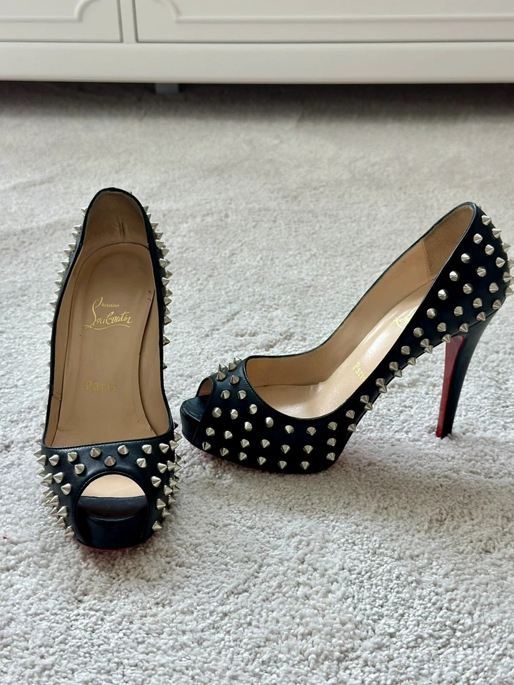 Christian Louboutin Very Prive Studs 120 Nappa Leather Peep Toe Heels (SZ 37) - Image 4 of 4