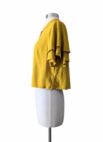 FOREVER 21 Crop Top Button Down Mustard Yellow Ruffle Flutter Sleeves SMALL - Picture 3 of 6