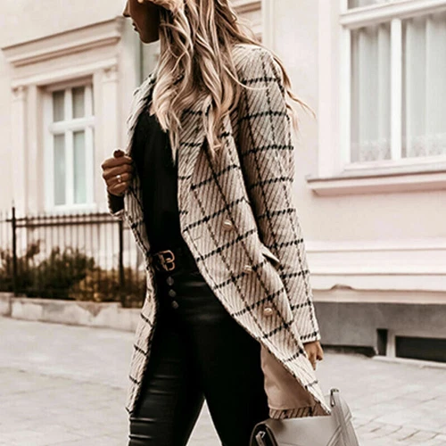 Women's Stylish Check Print Wool Blazer Coat Ladies Long Sleeve Collared Jacket - Picture 23 of 52