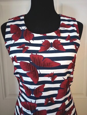 Claudia Strater Sheath Dress Size 38-US6 Navy&White Stripes Red Butterflies