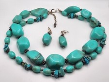 Silver Tone Double Strand Necklace Earring Set Faux Turquoise Polished Stones