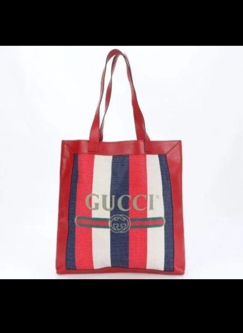 GUCCI Tricolor Leather Canvas Tote Bag Red Green Blue A4 Size Near Mint Condition-image