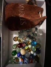60 Assorted Vintage Glass Marbles and suede Marble Bag