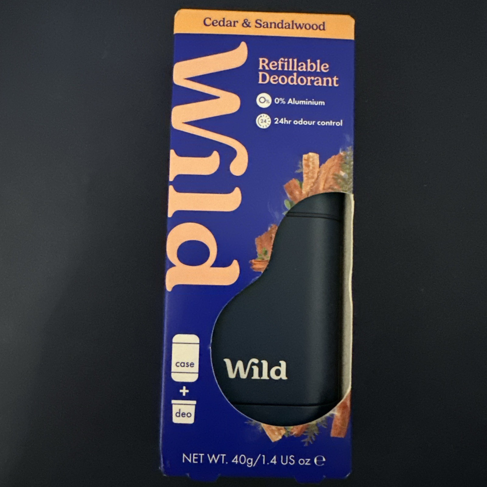 Wild Men's Navy Case and Cedar & Sandalwood Deodorant Refill 40g - New