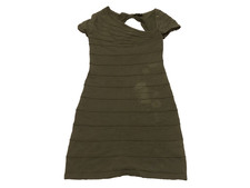 Bebe Women Small Backless Bodycon Dress Asymmetrical Neck Stretch Olive Striped