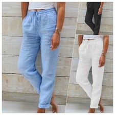 Women s Cotton Linen Summer Pants High Waist Elastic Casual Trousers