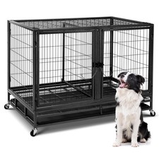 Heavy Duty Dog Crate Metal Pet Cage Kennel With Wheels  Removable Tray 42/48in