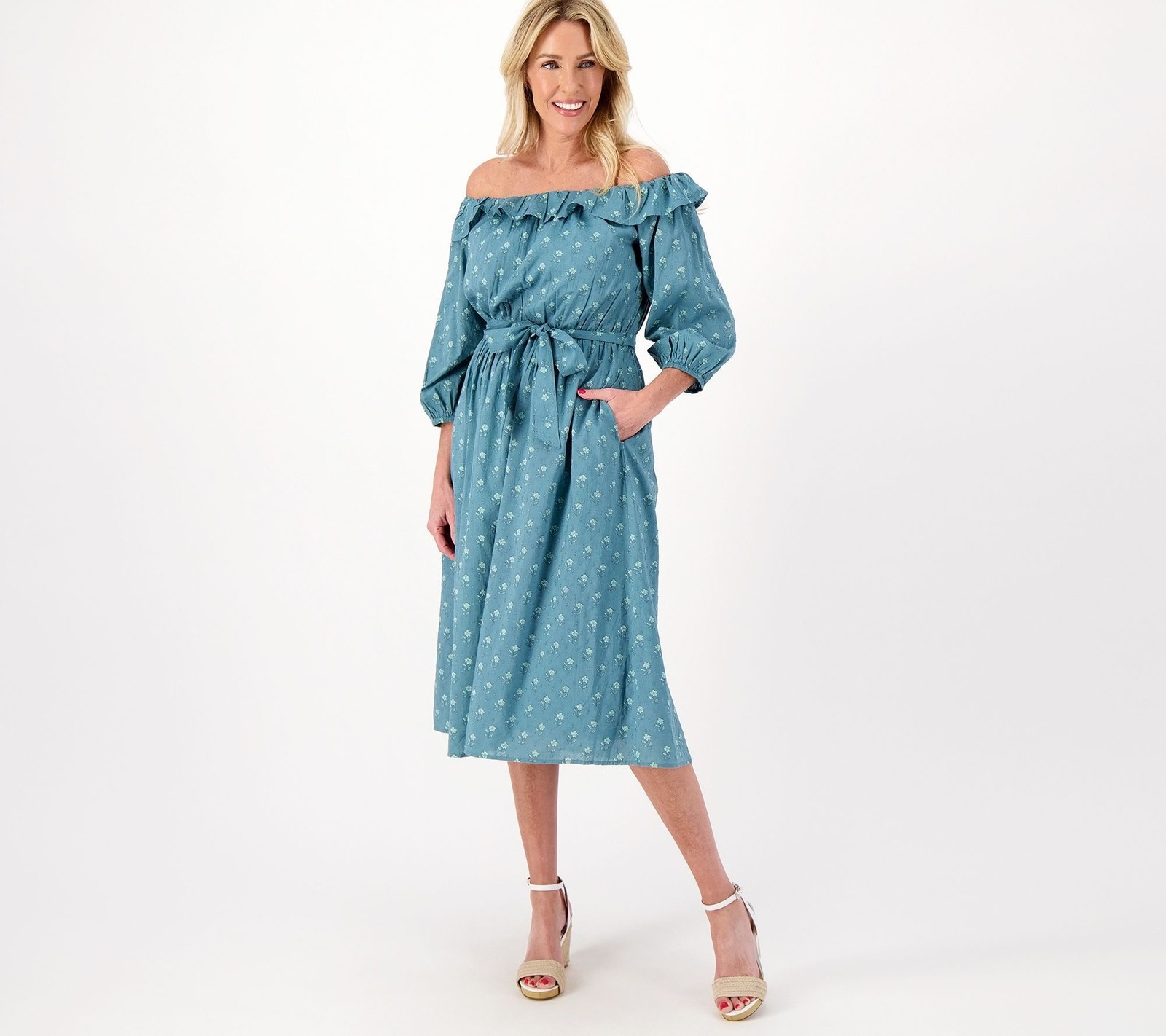Destination 365 Women's Plus Sz Dress 1X Clip Dot Off-the- Shoulder Blue A632342