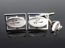 Vintage Swank Silver Tone Cufflinks Tie Tack Set Etched Oval Mid Century Modern