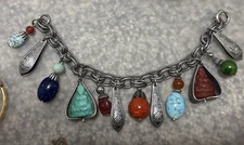 Vintage Napier Asian Buddha Art Glass Silver Tone 12 Charm Bracelet 1960's?