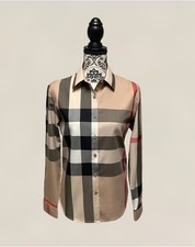 FREE SHIP Womens Dress Shirt Khaki Nova Check Collared Button Plaid Cotton Top