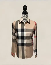 FREE SHIP Womens Dress Shirt Khaki Nova Check Collared Button Plaid  Cotton Top