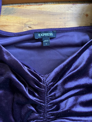 Express Purple Velvet Ruched Puff Sleeve Square Neck Blouse M