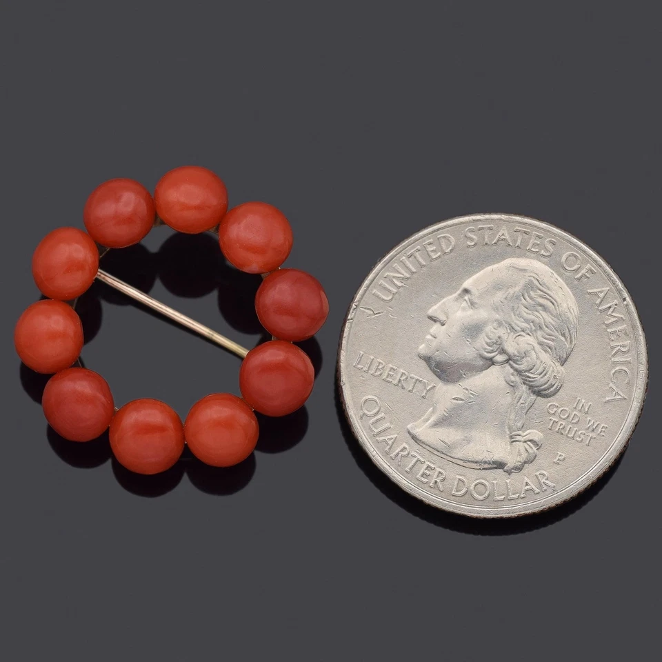 Broche vintage ouro amarelo 14K vermelho coral círculo aberto - Imagem 3 de 4
