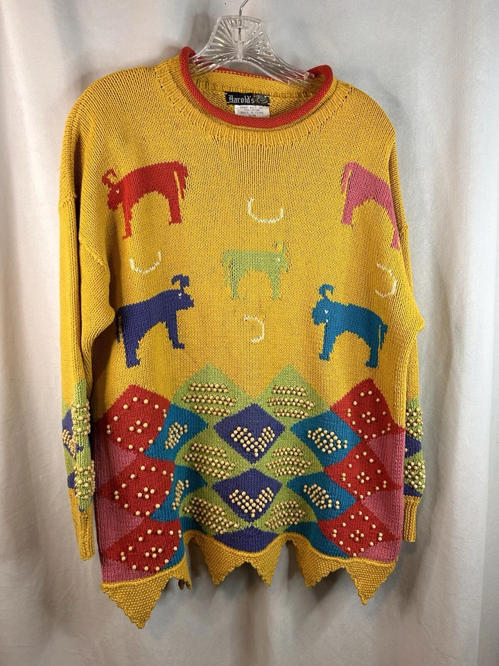 Suéter Harold's De Colección Pequeño/Mediano Colorido Tejido a Mano Toros Aztecas Con Cuentas Foto 3 de 4