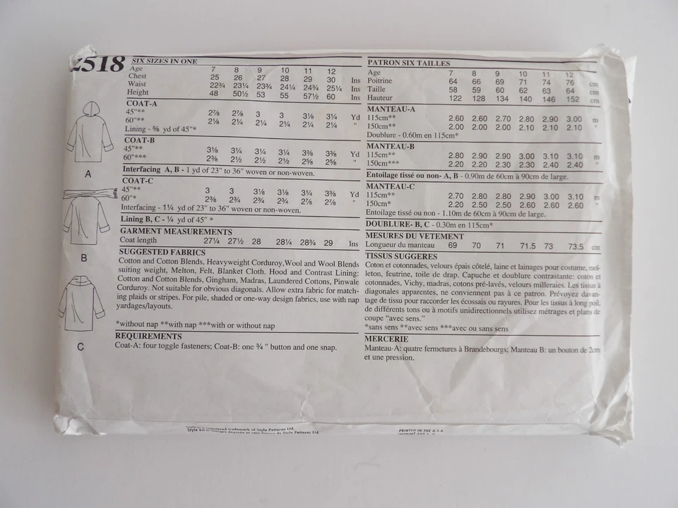 Style 2518 Sewing Pattern, Child's Coats, Size A (7-12) Uncut - Image 3 of 3