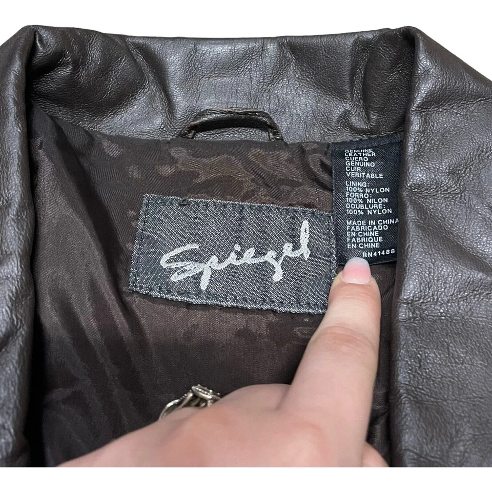 Chaqueta con cinturón de cuero genuino marrón oscuro Spiegel para mujer talla mediana 8/10 Foto 3 de 4