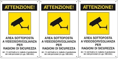 3 x Cartelli Segnaletici Area Sottoposta A Videosorveglianza X Esterno 30x20