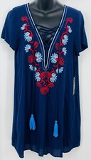 Lulus Dress Size Medium M Navy Embroidered Floral Lace Up Tassel Rayon Women New