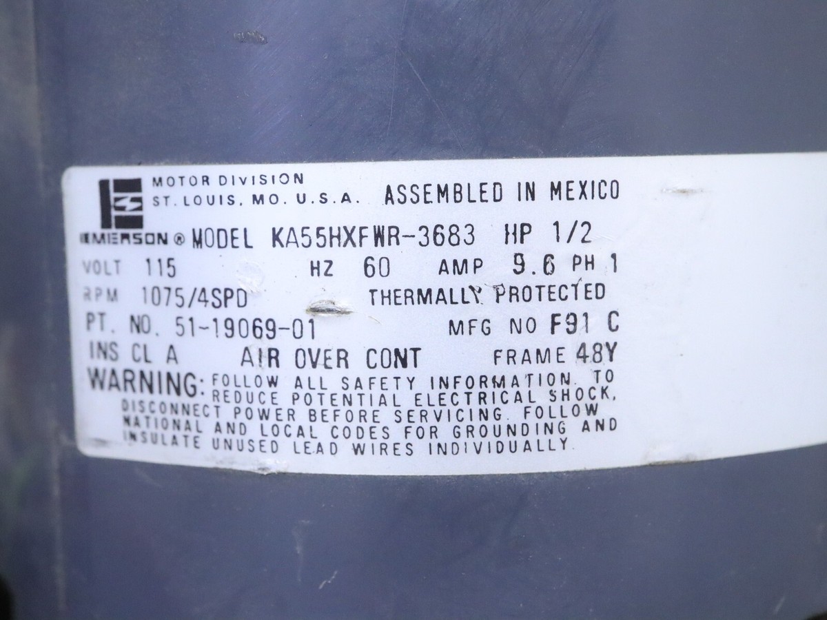 EMERSON KA55HXFWR-3683 Blower Motor 1/2 HP 1075 RPM 4SPD 115V 51