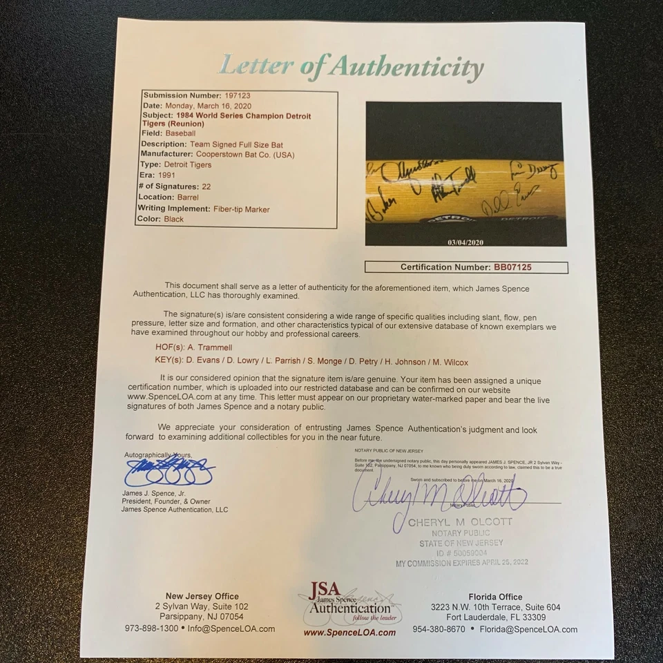 1984 Detroit Tigers World Series Champs Team Signed Bat 22 Sigs JSA COA - Image 2 of 4