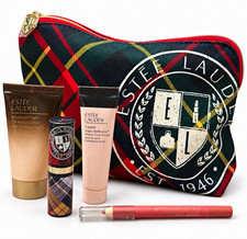 Estée Lauder 5pc Travel Set Tartan Bag Glow Primer Cleanser Lip+Liner