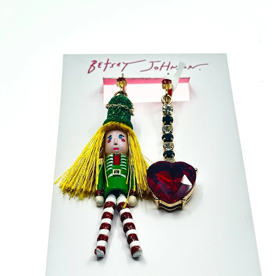 NWT BETSEY JOHNSON Holiday Nutcracker Heart Mismatched Leverback Drop Earrings - Image 3 of 4