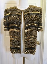 Papell Boutique Vintage 1990s Beaded Sequin Silk Top Black Gold Size M