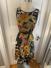 TALBOTS 100% SILK BLACK & COLORFUL FLORALS FIT & FLARE DRESS-BLACK BELT-SIZE4P!