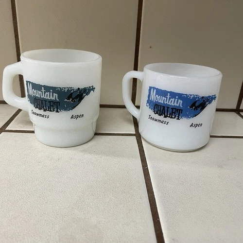 Vintage Mountain Chalet Snowmass Resort Aspen Coffee Mugs Federal Milk Glass MCM