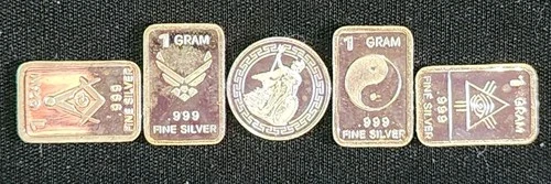 5 x 1 Gram .999 Fine Silver Bars and Round Lot Assorted Designs. Unique & Fun:)
