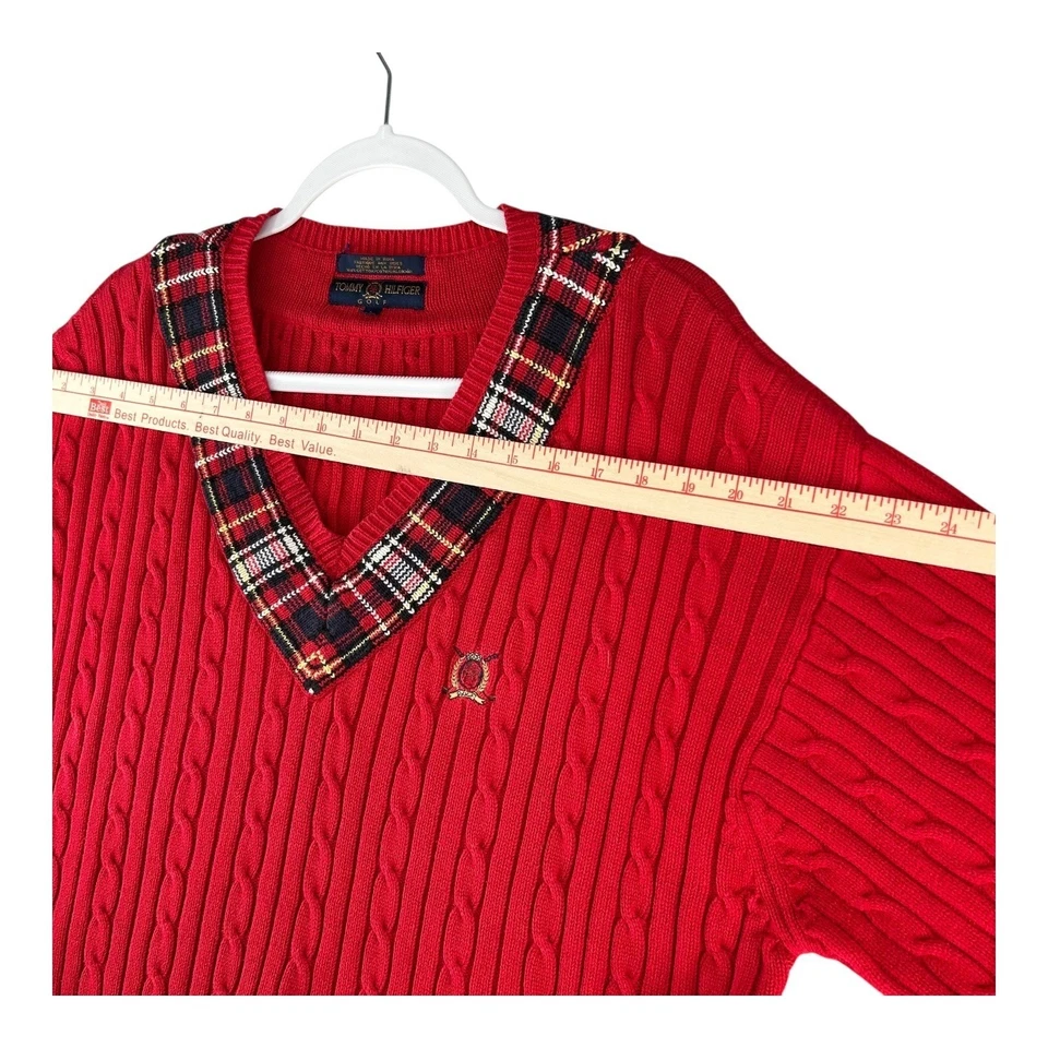 Tommy Hilfiger Golf Chunky Cable Knit V Neck Sweater Y2K Fisherman Mens Large - Image 3 of 4